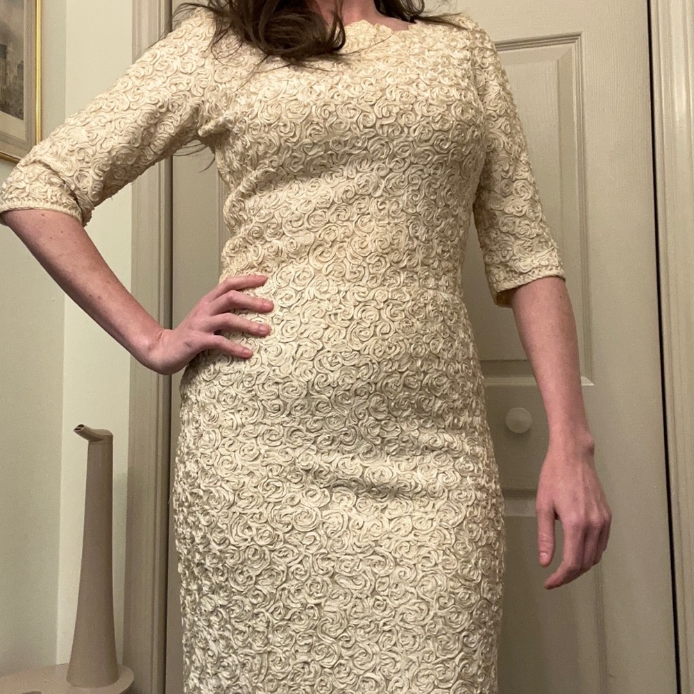 Vintage 1960's Caledonia Ivory Ribbon Dress Scoop Neck with a Dipped Back